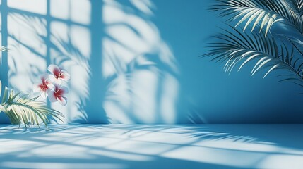 Abstract blue color gradient studio background for product presentation Empty room with shadows of window and flowers and palm leaves  3d room with copy space Summer concert Blurred ba : Generative AI