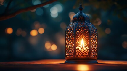 Ornamental Arabic lantern with burning candle glowing Festive greeting card invitation for Muslim holy month Ramadan Kareem : Generative AI