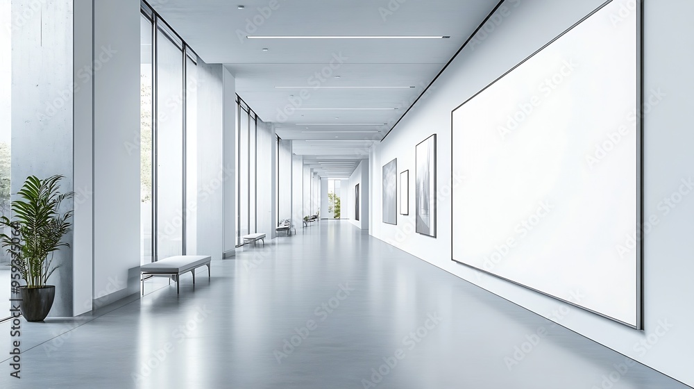 Poster modern gallery interior with long and wide blank white display board mockup background of a wallmoun