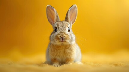 Obraz premium Happy Easter Bunny: Cute and Funny Cartoon Character Smiling on Yellow Background - Perfect for Greeting Cards, Banners, and Stickers!