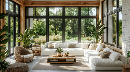 A spacious living room with large windows overlooking a lush green garden, featuring a white sectional sofa, a wicker armchair, a wooden coffee table, and a rug.