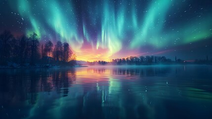Naklejka premium Aurora Borealis Reflection on Still Lake Illustration