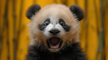 Fototapeta premium Surprised Panda with Big Eyes - Funny Animal Expression on Yellow Background