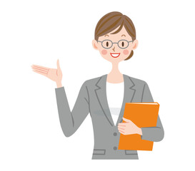 プレゼンするスーツの女性　案内　ビジネス	講師　先生