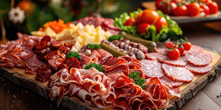 Romanian traditional charcuterie platter with salami ham sausage tomatoes salad and vegetables Meat platter on a food tray