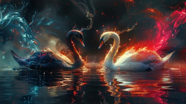 Swan Serenade: Vector Illustration of Black and White Swans Playing Saxophone in Colorful Music Print Design