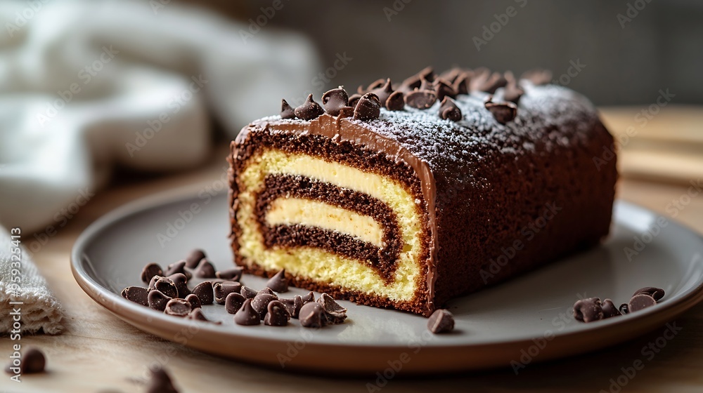 Poster slice of chocolate swiss roll cake or bolu gulung coklat made with sponge cake base layer of butter 
