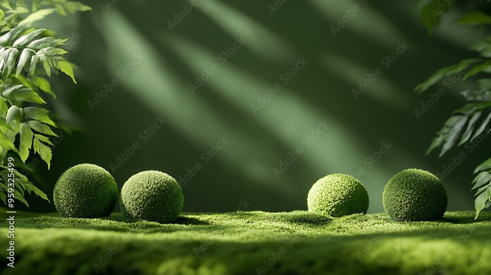 Poster premium empty scene with grass balls on moss on a green background with the shadow of plant leaves p