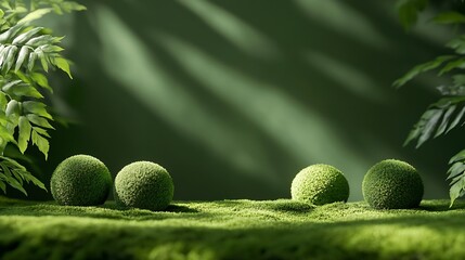 Premium empty scene with grass balls on moss on a green background with the shadow of plant leaves Podium for product promotion beauty natural eco cosmetic Showcase display case : Generative AI