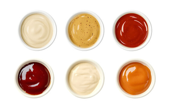 Six different dipping sauces in small white bowls, top view, isolated cutout on transparent background