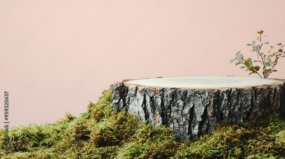 Poster composition of bark tree and moss on pastel background abstract podium for organic cosmetic products