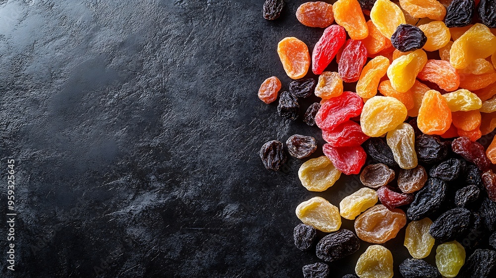 Poster mix of delicious dried fruits on table flat lay : generative ai