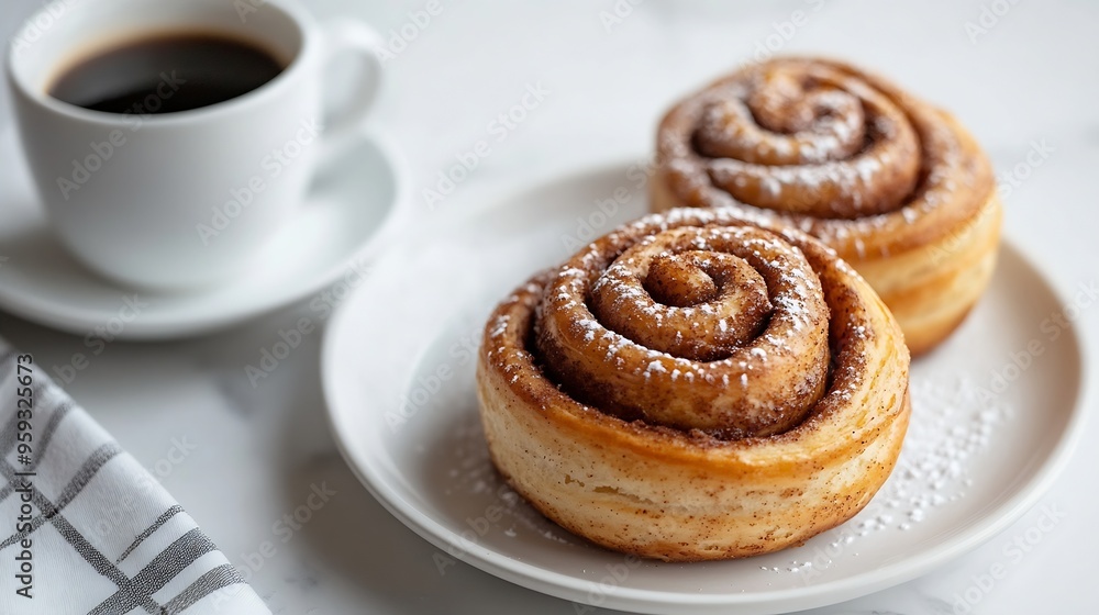 Poster freshly baked cinnamon roll with spices and cocoa filling and coffee or cappuccino on white serving 