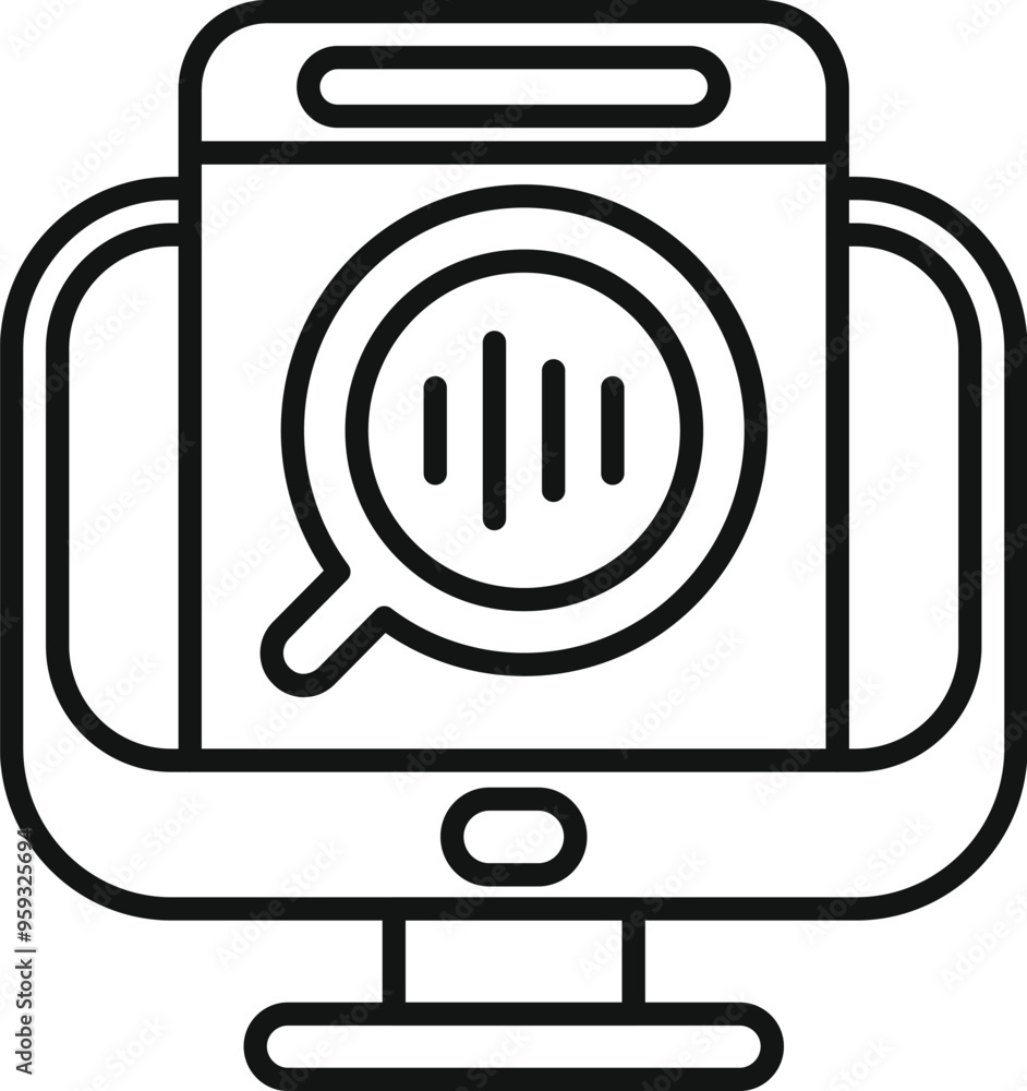Poster simple vector icon representing data analysis, using a computer with a magnifying glass analyzing a 