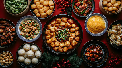 A table spread with a variety of Chinese dishes, including dumplings, fried tofu, noodles, and stir-fried vegetables, all arranged on a red tablecloth.