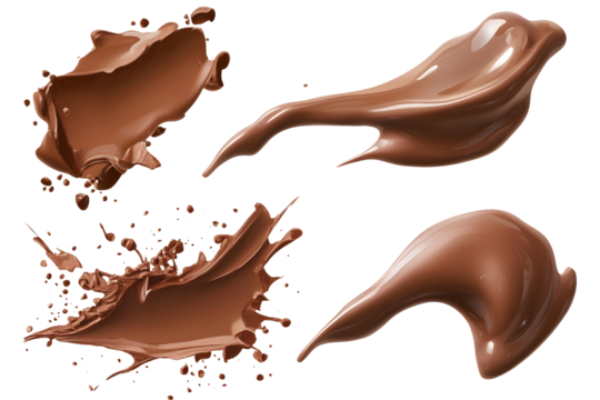 Set of different chocolate splashes and swirls, realistic clipart set for food, sweet, dessert design concept