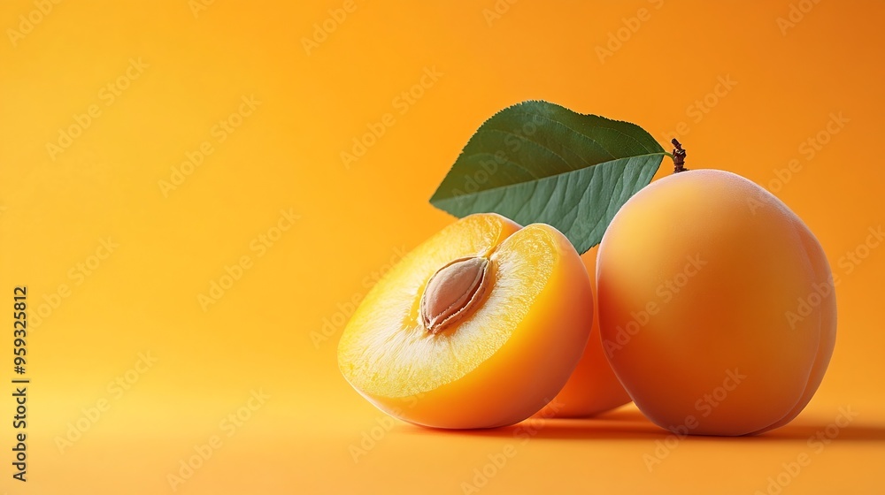 Poster Fly fresh ripe apricot with green leaf and slice isolated on orange color background Clipping Path Full depth of field : Generative AI