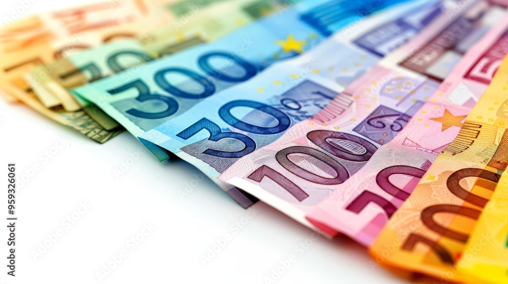 Poster a set of colorful euro notes arranged in a line, each note clearly visible and detailed, emphasizing