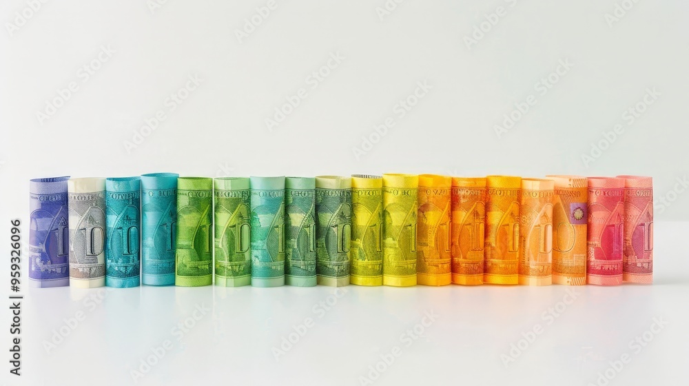 Poster a set of colorful euro notes arranged in a line, each note clearly visible and detailed, emphasizing