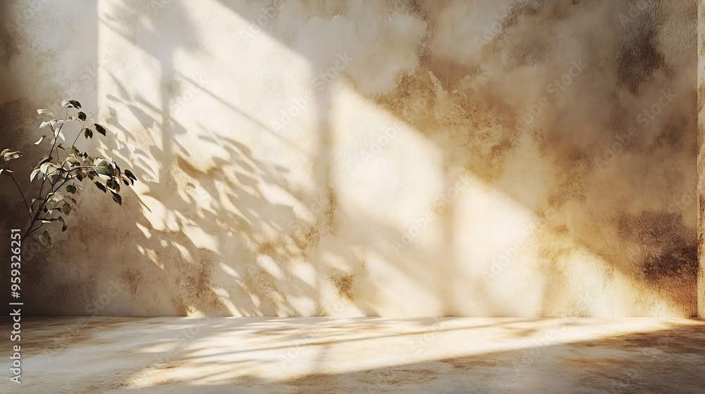 Poster cosmetic beauty presentation background minimal abstract brown concrete background with light for product displayed shadow and light from windows on rustic plaster wall beige studio ba : Generative AI