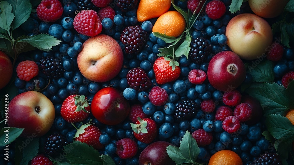 Leinwandbilder different ripe fruits and berries as background top view : generative ai