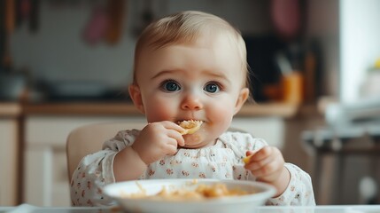 Cute baby girl eating lunch in the kitchen Little kid tasting solids at home Baby led weaning : Generative AI