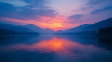 Picturesque colorful illuminate twilight sky reflection on lake ganga river water Peaceful sundown evening and dawn time below mountain hill for tourist destination in asia Spring time : Generative AI