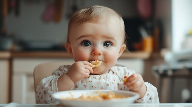 Cute baby girl eating lunch in the kitchen Little kid tasting solids at home Baby led weaning : Generative AI