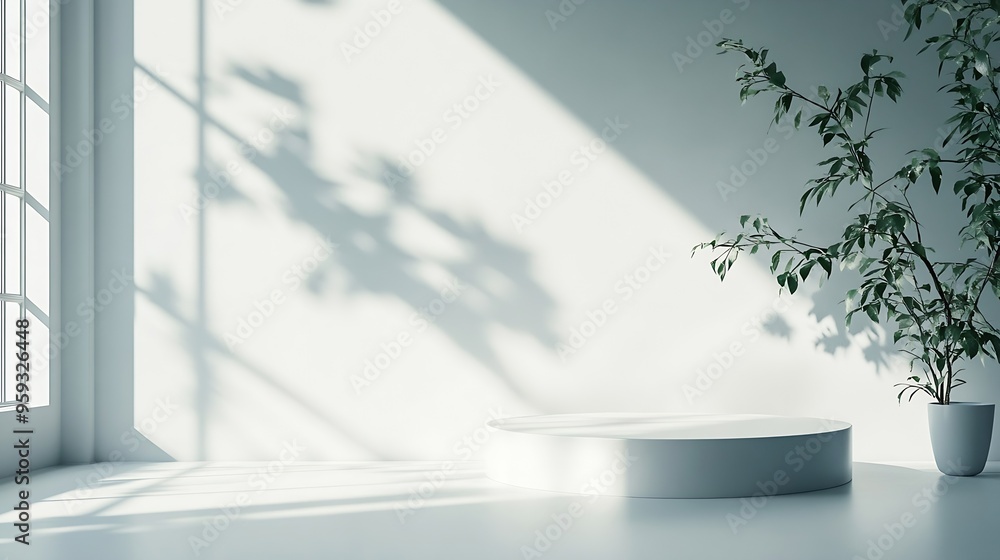 Poster White Wall Studio BackgroundEmpty Grey Room Background with Light Leaves Shadow on Table Top Surface TextureBackdrop Mockup Display Podium Design for displaying product present of Cosm : Generative AI