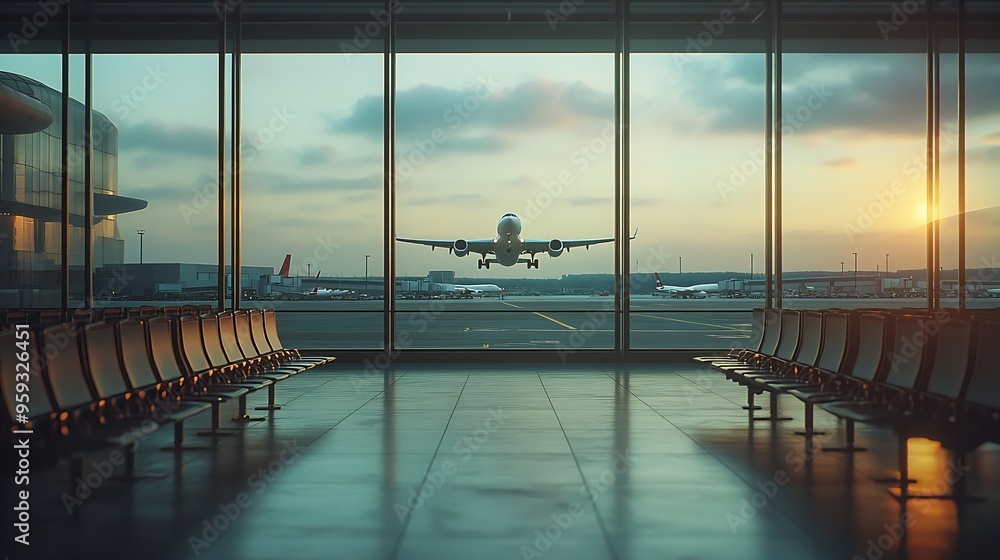 Poster Empty airport hall with taking off airplane behind window : Generative AI