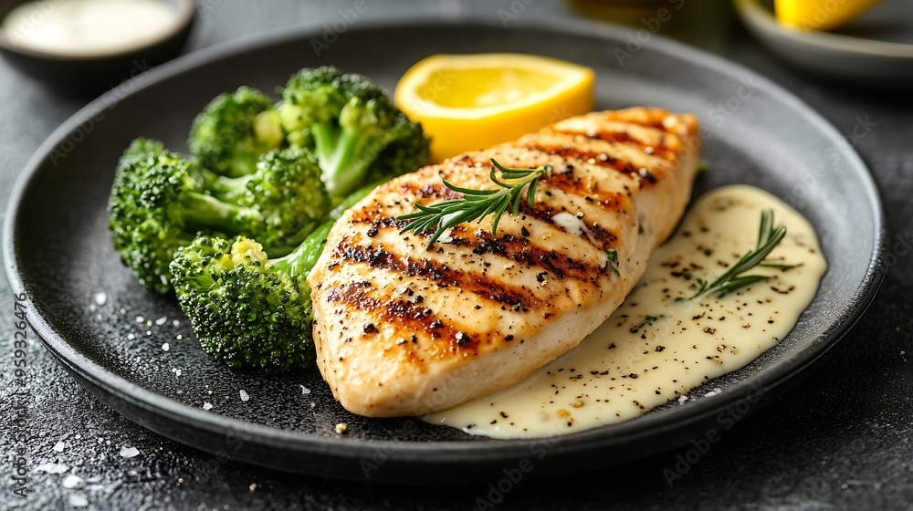 Poster grilled chicken breast with cream sauce and broccoli : generative ai