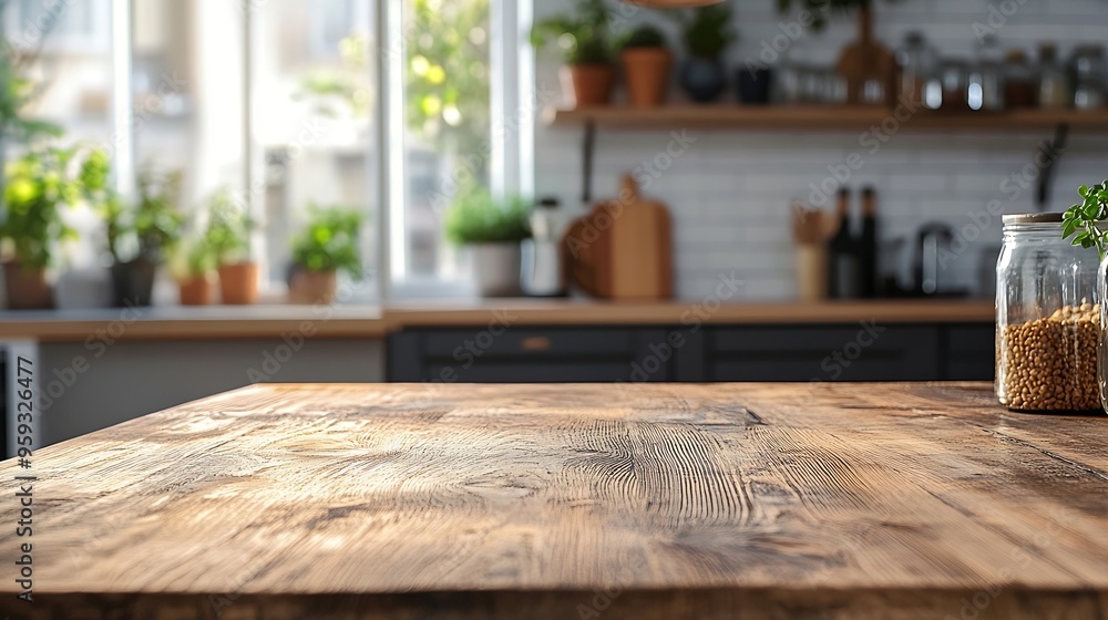 Poster table with blurred background in a scandinavian kitchen setting designed for advertising home kitche