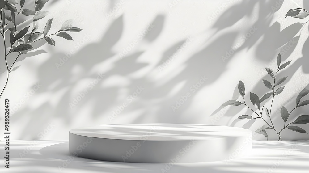 Poster abstract empty white podium with leaf shadows on white background mock up stand for product presenta