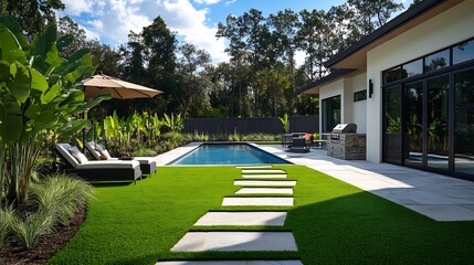 Florida USA September Backyard of a modern house with swimming pool artificial grass stone path trees chairs and an umbrella : Generative AI
