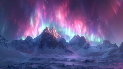Obraz premium Aurora Borealis Over Snowy Mountains 3D Illustration