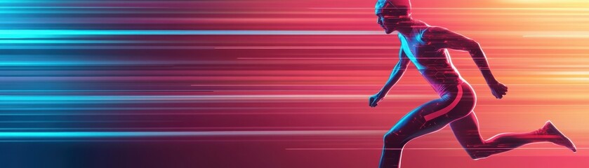 Digital sprint training, augmented reality hurdles, neon-lit track, advanced speed analytics