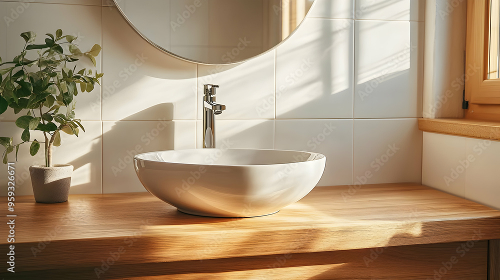 Wall mural A white ceramic sink with a chrome faucet sits on a wooden countertop in a modern bathroom.