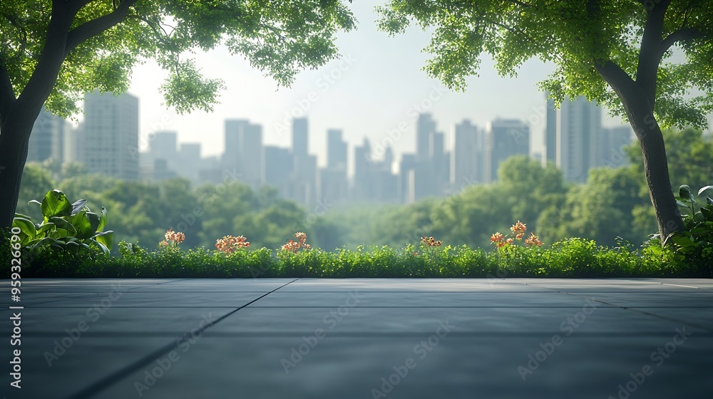 Aufkleber empty square floor and green forest with city skyline scenery : generative ai