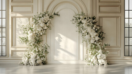 A white floral archway in a white room with classic moldings and a window with a view of a city.