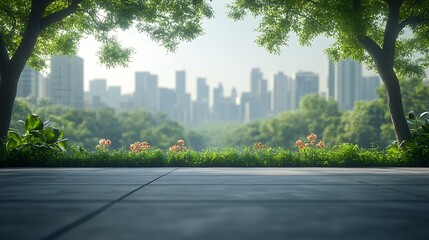 Empty square floor and green forest with city skyline scenery : Generative AI