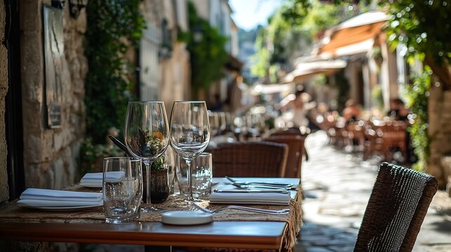 Fototapeta Al fresco tables waiting for customers at an outdoor restaurant in the medieval town of Saint Paul de Vence French Riviera South of France : Generative AI