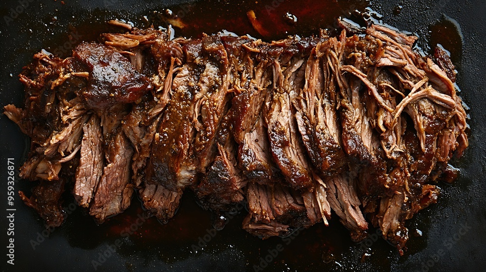 Poster slow cooked pulled beef traditional meat rubbed with spices and smoked in a texas smoker black backg