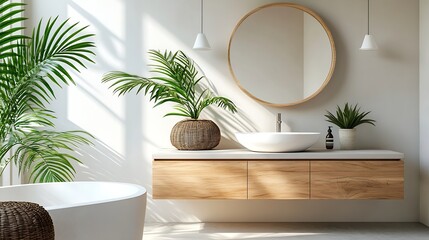 Modern minimalist bathroom interior modern bathroom cabinet white sink wooden vanity interior plants bathroom accessories bathtub and shower white and beige walls concrete floor : Generative AI