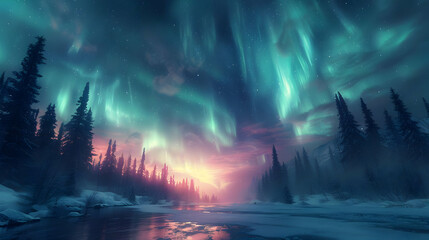 Aurora Borealis Illustration in a Snowy Forest