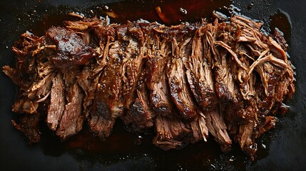 Slow Cooked Pulled Beef Traditional meat rubbed with spices and smoked in a Texas smoker Black background Top view : Generative AI