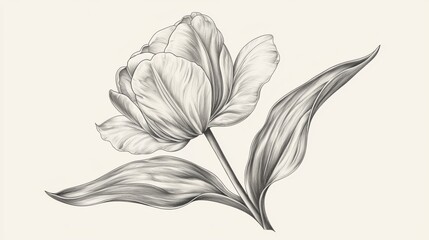 Obraz premium A beautifully detailed sketch of a tulip flower, showcasing its graceful petals and leaves in monochrome art style.