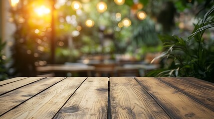 Empty wood table with blur interior outdoor space coffee  restaurant or cafe for background : Generative AI