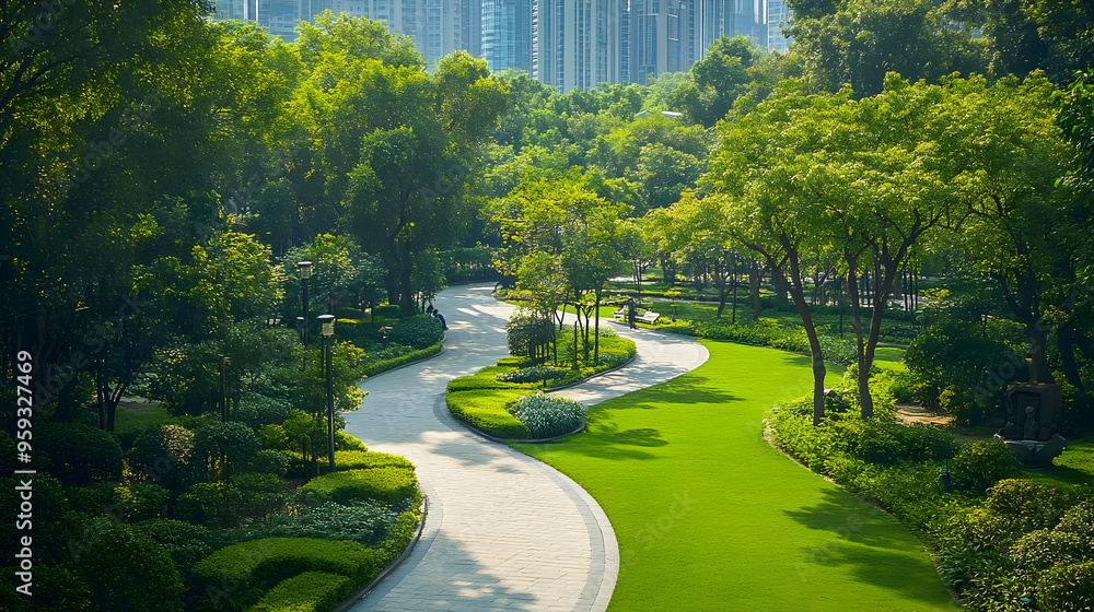 Poster A winding stone path meanders through a lush green park, surrounded by vibrant trees and bushes. The path leads towards a tall building in the distance.