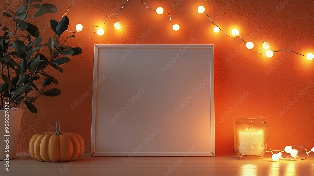 Leinwandbilder white empty frame in orange solid color studio scene white lights halloween background product displ