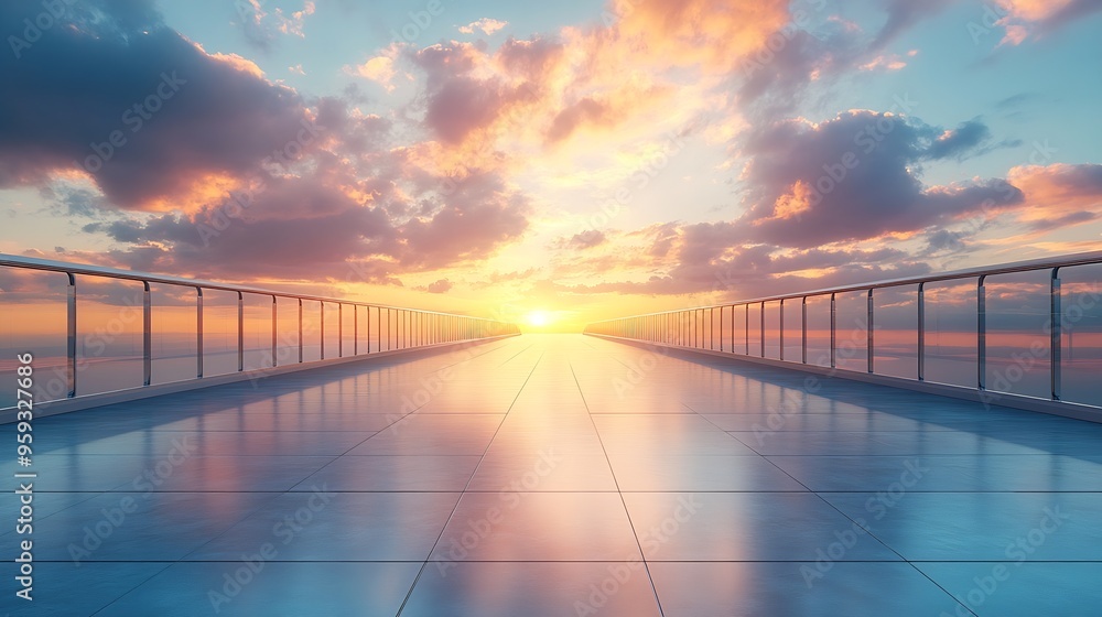 Poster Empty square floor and bridge with sky cloud background at sunset : Generative AI